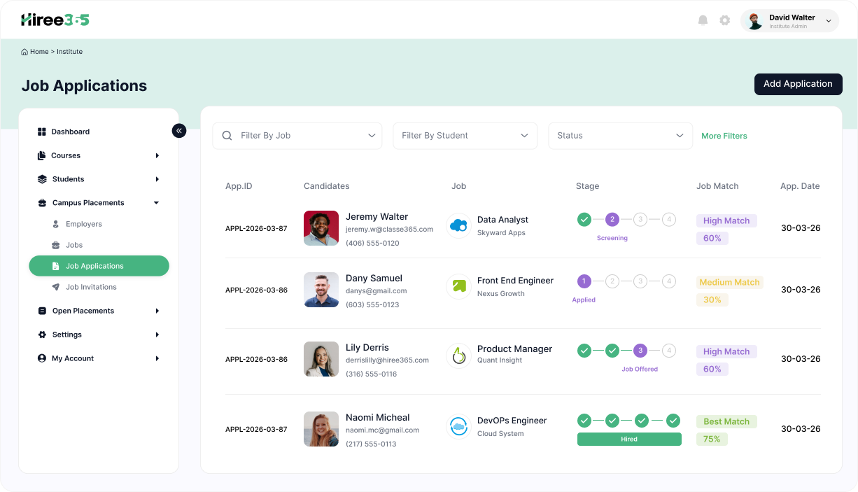 Hiree365 job application screen tracking student placement applications