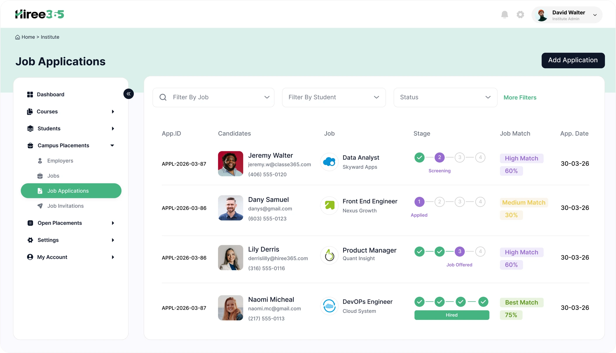 Hiree365 job application screen tracking student placement applications
