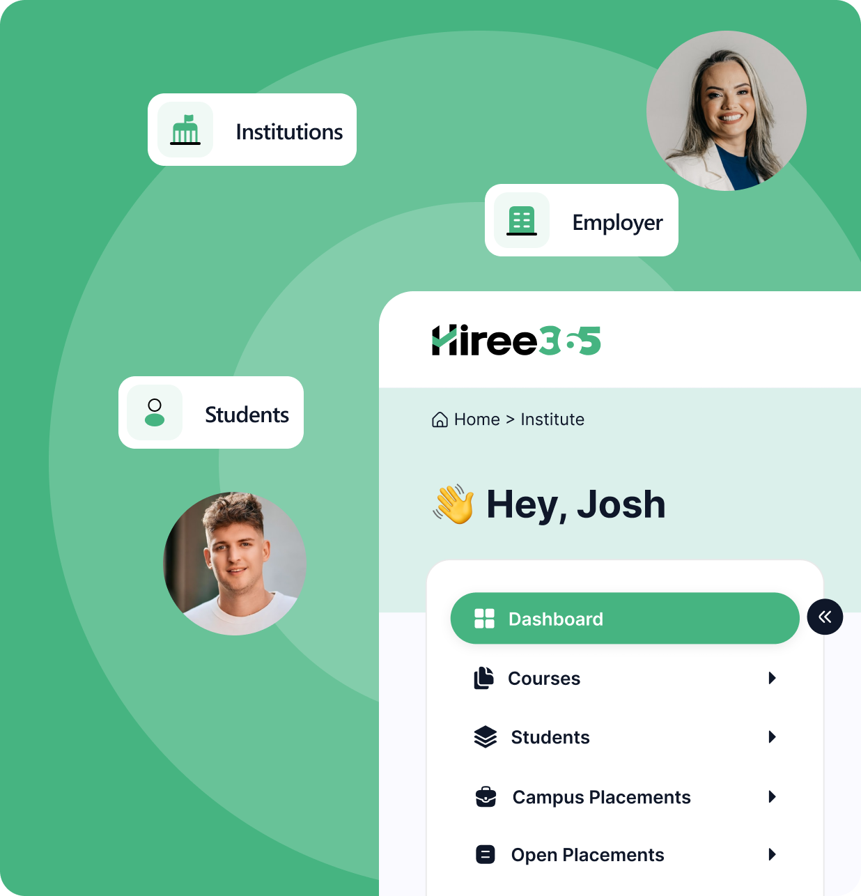 Hiree365 platform connecting an institution's careers team, employers, and students in one ecosystem