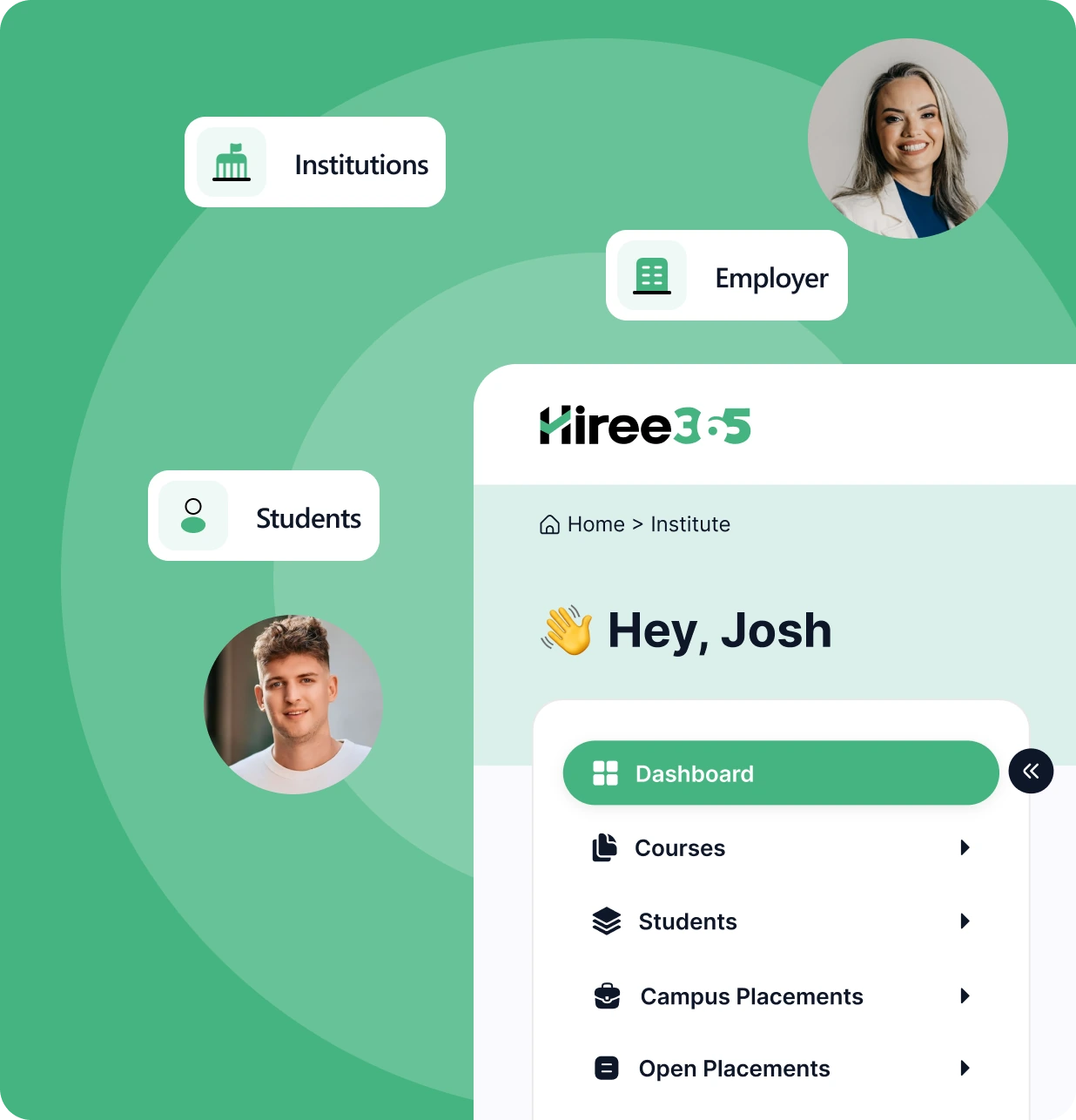 Hiree365 platform connecting an institution's careers team, employers, and students in one ecosystem